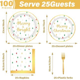 100 Pcs Christmas Paper Plates Napkins Party Supplies Merry Christmas And Tree Design In Red Green And Gold Merry And Bright Party Tableware For Disposable Xmas Holiday Dinner Party Decorations