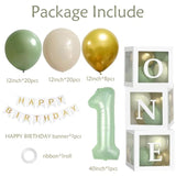 Sage One Year Old Birthday Decorations-One Balloon Box, 12 Inch Sage Green White Gold Balloons, 40 Inch Sage Number 1 Balloons And Happy Birthday Banner For Boy Girl First Birthday Decorations