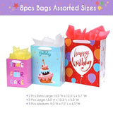 8 Pack Birthday Gift Bags Assorted Sizes (2 Extra Large 15", 3 Large 13",3 Medium 9") With Ribbon Handle And Tissue Paper, Reusable And Perfect For Wrapping Present