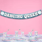 Dancing Queen Fringe Banner - Iridescent & Blue Fringe, 5 Ft. | Disco Bachelorette Decorations, 70S Backdrop, Groovy Birthday Party, Boogie Bach Backdrop