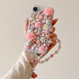 For Iphone 16E Glitter Bling Case,Cute Girly Luxury 3D Sparkle Crystal Rhinestones Flowers Diamond Pearl Gems With Lanyard Wrist Strap Women Girls Phone Case For Iphone 16E 6.1" 2025 (Pink)
