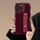 Phone Case For Iphone 16 Pro With Flexible Adjustable Soft Finger Hand Wrist Strap Holder Kickstand,Wave Design Wavy Frame Silicone Aesthetic For Iphone 16 Pro Phone Case,Wine Red
