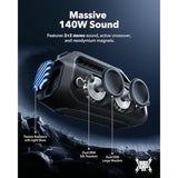 Boom 2 Plus By Anker, Outdoor Speaker, 140W, 2+2 Channel, Bassup 2.0, 20H Playtime, Fast Charge, Ipx7 Waterproof, Rgb Lights, Power Bank, Bluetooth 5.3, Portable For Outdoors, Camping, Beach