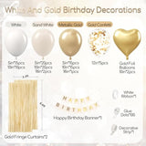 White And Gold Birthday Decorations For Women With Sand White Metallic Gold Confetti Foil Balloons Fringe Curtain Bannner For Golden Birthday Party Decorations For Women