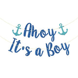 Ahoy It'S A Boy Banner, Sailor Themed Party Decor, Baby Shower Gender Reveal, Nautical Party Decorations (Blue Glitter)