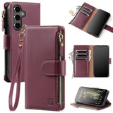 Compatible With Samsung Galaxy S25 Plus Wallet Case With Card Holder,Women Men Rfid Blocking Pu Leather Flip Cover Wrist Strap Zipper Credit Card Slots,Phone Case For S25 Plus,Wine Red