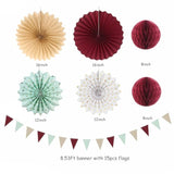Sage-Olive Green Burgundy-Champagne Boho Party-Decorations - 20Pcs Birthday Paper Lanterns Fans,Tissue Pom Poms,Honeycomb Balls,Bunting,Christmas Bridal Baby Shower Wedding Engagement Decor