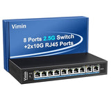 10-Port 10G/2.5G Ethernet Switch With Dual 10Gbase-T, 8X 2.5G +2 X 10Gb Rj45 Ports Unmanaged Switch, 80Gbps Capacity, 10G Switch Desktop/Wall Mount Network Switch For Nas, Pc, Wireless Ap