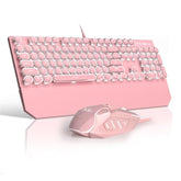 Retro Pink Typewriter-Style Keyboard And Mouse Combo, Cute Light Up Wired Mechanical Keyboard With Linear Red Switches, Full Size For Gaming, Work, Mac, Pc, Windows