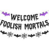 Welcome Foolish Mortals Halloween Banner Decorations Halloween Haunted Mansion Banner Wall Decorations With Bat And Spider For Halloween Party Decorations
