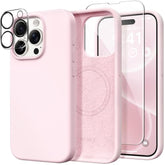 For Iphone 15 Pro Max Case Silicone, Compatible With Magsafe, Camera Protector + Screen Protector, Soft Anti-Scratch Microfiber Lining, Liquid Silicone Shockproof Phone Cover, Chalk Pink