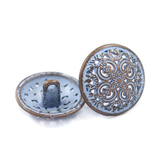 12 Pieces Flowery Engraving Copper Blue Openwork Metal Shank Buttons 1