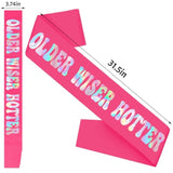 Older Wiser Hotter Sash With Iridescent Foil, Hot Pink Funny Birthday Sash For Women 30Th 40Th 50Th 60Th 70Th 80Th Birthday Party Decorations Birthday Sign Birthday Gift(Hot Pink + Iridescent )