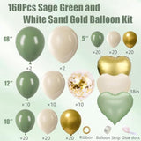 160Pcs Sage Green Gold Balloon Arch Kit with White Sand & Confetti Balloons