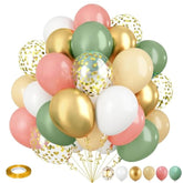 35Pcs Retro Green Pink Balloons Set, Sage Dusty Pink Gold Confetti Party Decor