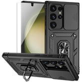 For Samsung Galaxy S24 Ultra Case With Camera Lens Cover Hd Screen Protector, Military-Grade Drop Tested Magnetic Ring Holder Kickstand Protective Phone Case For Samsung Galaxy S24 Ultra (Black)