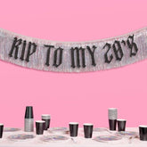 "RIP to My 20s" black glitter & iridescent fringe banner for 30th birthday decor