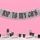 "RIP to My 20s" black glitter & iridescent fringe banner for 30th birthday decor