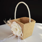 Burlap Flower Girl Basket For Weddings,Romantic Cherish Pearl Handle Wedding Flower Basket