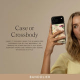 Lily Crossbody Phone Case for iPhone 17 Pro Max. 100% Genuine Pebble Leather. Ivory Floral with Gold Hardware. Removable Crossbody and Wristlet Strap.