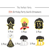 Happy 15th Birthday Decorations 12pcs Black Gold Foil Swirls Streamers