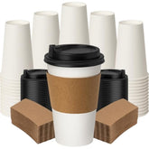 16oz Disposable Coffee Cups with Lids Sleeves 100 Pack Leak-Proof White Cups