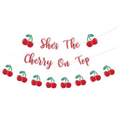 She’S The Cherry On Top Banner – Pre-Strung Red Glitter Cherry Birthday Banner With Bonus Cherry Garland For Girls’ First Birthday, Fruit Theme Party, Summer Picnic, And Baby Shower Decorations