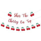 She’S The Cherry On Top Banner – Pre-Strung Red Glitter Cherry Birthday Banner With Bonus Cherry Garland For Girls’ First Birthday, Fruit Theme Party, Summer Picnic, And Baby Shower Decorations