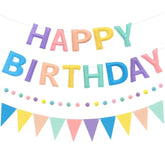 Pre-Strung Reusable Happy Birthday Banner Felt Ball Garland & Multicolor Bunting String Triangle Flags Bulk,Happy Birthday Sign For Party Backdrop Decor?Photo Booth Props (Macarons)