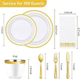 700 Piece Gold Dinnerware Set For 100 Guests, Disposable For Party, Include: 100 Gold Rim Dinner Plates, 100 Dessert Plates, 100 Paper Napkins, 100 Cups, 100 Plastic Silverware Set