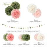 Wedding Party Decorations Set, 15 Pcs Pink Sage Green Tissue Paper Pom Poms Dots Paper Garland String Hanging Decor For Bridal Shower Baby Shower Engagement Birthday Spring Summer Party