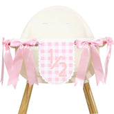 Pink Ribbon Bow 1/2 Birthday Banner - Sweet 6 Months Birthday Party Decorations,Pink White Gingham Bow Bohemian Garland,Half Way To One Cake Smash,Scalloped Banner Photo Props