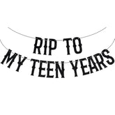 Black Glitter Rip To My Teen Years Banner, Kissing My Teens Goodbye/Cheers To 20 Years, Old English Funeral Youth Themed 20Th Birthday Party Decorations Supplies