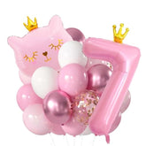 Pink Cat Number 7 Balloon with Crown for Girls 7th Birthday Party Decor