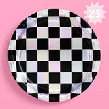 Black And Iridescent Checker Paper Plates - 25 Pack | Happy Birthday Party Decorations, Cute Bachelorette Party, Cool Cake Plates, Checker Disposable Party Plates