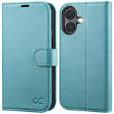 iPhone 16 Wallet Case, PU Leather Folio with Card Holders, RFID, Kickstand, Ice Blue