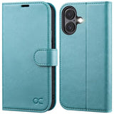 iPhone 16 Wallet Case, PU Leather Folio with Card Holders, RFID, Kickstand, Ice Blue