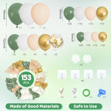 153Pcs Sage Green Balloon Garland Arch Kit, Different Sizes 18 12 10 5 Inch Green Blush Gold Latex Metallic Confetti Gold Balloons For Birthday Baby Shower Wedding Safari Forest Decorations