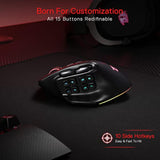 Redragon M811 PRO Wireless MMO Gaming Mouse, 15 Programmable Buttons RGB Gamer Mouse w/Ergonomic Natural Grip Build, 10 Side Macro Keys, Software Supports DIY Keybinds & Backlit
