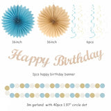 21-Pc Light Blue & Champagne Boho Birthday Decorations Banner, Pom Poms & More