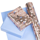 Reversible Birthday Wrapping Paper - Mini Roll - 17 Inch X 33 Feet - Adorable Dogs With Metallic Foil Shine And Solid Blue For Birthday, Party, Baby Shower
