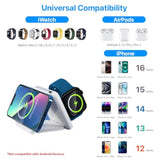 Wireless Charging Station 3 In 1 Foldable Magnetic 15W Travel Multiple Devices Fast Charger For Iphone 15/14/13/12 Series, Airpods 3/2/Pro/Pro2, Iwatch (White)