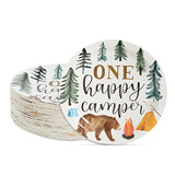 80-Pack One Happy Camper Paper Plates - 9-Inch White Disposable Plates - Forest Bear & Campfire Design - Camping Theme Party & Baby Shower