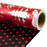 Christmas Reversible Wrapping Paper Roll, Mini Roll, Red Black Reindeer And Tree Design, Black With Red Polka Dots Gift Wrap Paper For Adults, Kids And Holiday Gifts, 17 Inches X 32.8 Feet