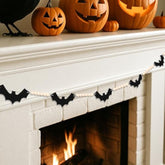 Happy Halloween Garland Banner Black Felt Bats with Wood Beads for Party Decor