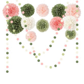Wedding Party Decorations Set, 15 Pcs Pink Sage Green Tissue Paper Pom Poms Dots Paper Garland String Hanging Decor For Bridal Shower Baby Shower Engagement Birthday Spring Summer Party