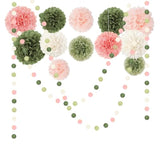 Wedding Party Decorations Set, 15 Pcs Pink Sage Green Tissue Paper Pom Poms Dots Paper Garland String Hanging Decor For Bridal Shower Baby Shower Engagement Birthday Spring Summer Party