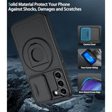 Magnetic Phone Case for Samsung Galaxy S21 FE 5G, Heavy Duty Protective Kickstand Cover with Built-in Slide Camera, Black