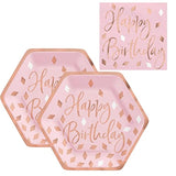 Happy Birthday Dessert Party Supply Pack | Bundle Includes Paper Appetizer/Dessert Plates And Napkins For 16 People | Rose Gold And Blush Design | Sparkly Birthday Supplies For Her