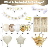 White & Gold Birthday Decor - Cream Champagne Gold Balloons, Banner, Foil Balloons, Fringe Curtain For Boho Party Supplies